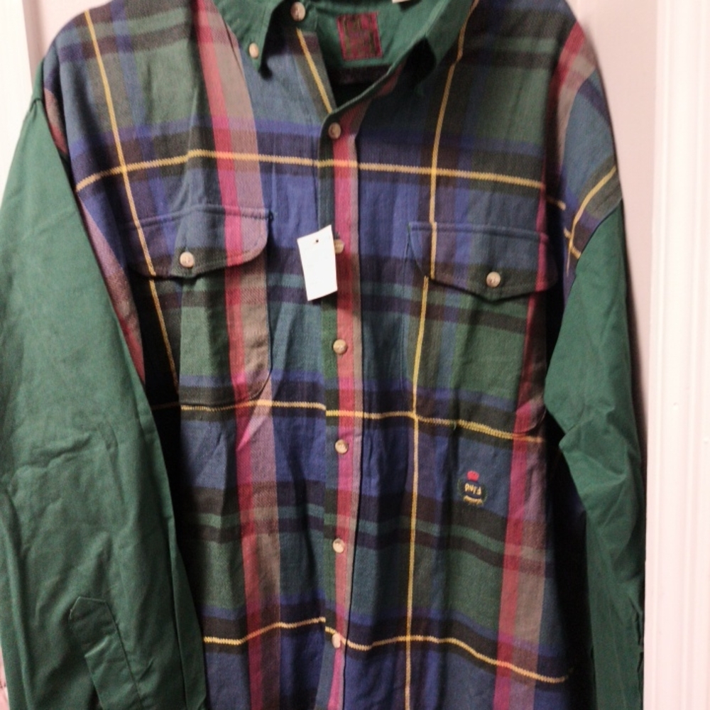 Vintage Ruff Brand Men's Plaid Button-Down Shirt - Green and Blue XL NWT